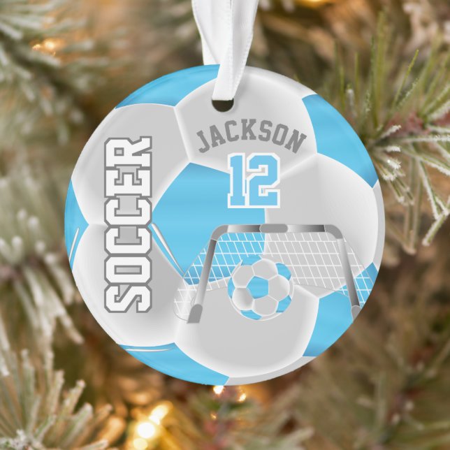Baby Blue und White personalize ⚽ Soccer Ball Ornament (Baum)