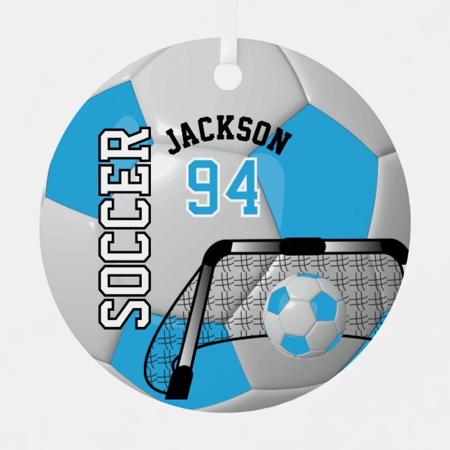 Baby Blue und White Soccer Ball Ornament Aus Metall (Vorderseite)