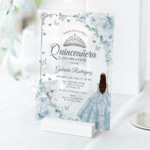 Baby Blue Wasserfarben Rosen Silber Quinceanera Acryleinladungen