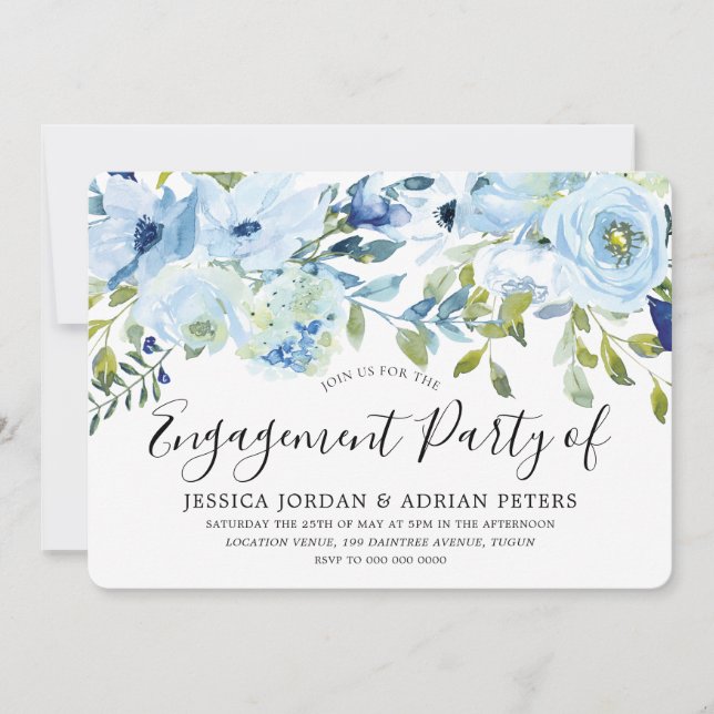 Baby Blue Watercolor Blume Engagement Party Einladung (Vorderseite)