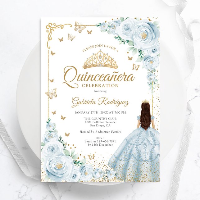 Baby Blue Watercolor Rose Gold Quinceanera Einladung (Von Creator hochgeladen)