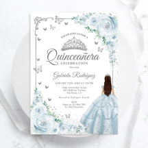 Baby Blue Watercolor Rose Silver Quinceanera
