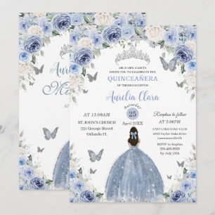 Baby Blue Weiße Florale Prinzessin Quinceañera XV Einladung