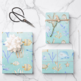 Baby Blue Whale Octopus Seepferd Under Sea Aqua Geschenkpapier Set
