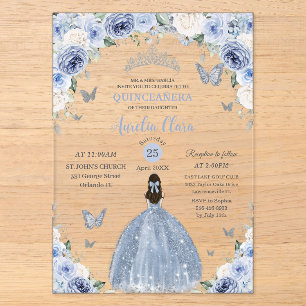 Baby Blue White Floral Princess Quinceañera XV 16 Acryleinladungen