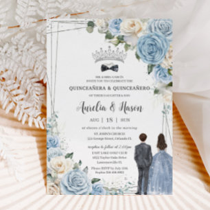 Baby Blue White Floral Twins Boy Girl Quinceañera Einladung