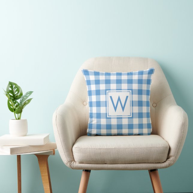 Baby Blue White Gingham Pattern, Custom Monogram Kissen (Stuhl )