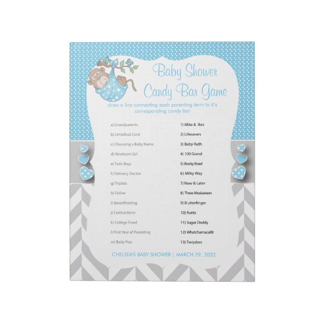 Baby Blue, White & Gray Monkey Baby Dusche - Spiel Notizblock (Rotiert)