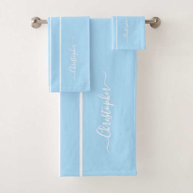 Baby Blue White Racing Stripes Monogram Boys Kinde Badhandtuch Set (Insitu)