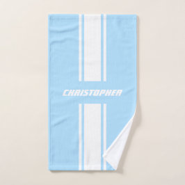 Baby Blue White Racing Stripes Monogram Kids Boys Badhandtuch Set