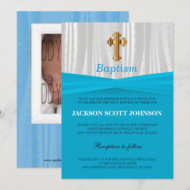 Baby Blue & White Satin Taufe / Christening Einladung (Vorne/Hinten)