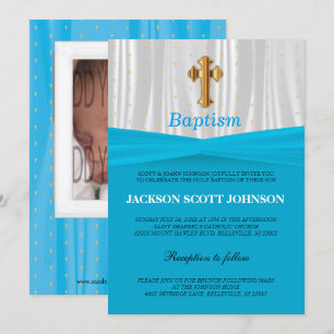 Baby Blue & White Satin Taufe / Christening Einladung