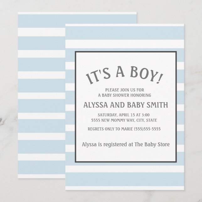 Baby Blue White Striping Baby Boy Dusche Einladung (Vorne/Hinten)