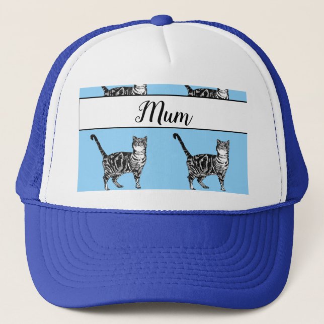 Baby Blue White Tabby Cats Whimsikische Mama Truckerkappe (Vorderseite)