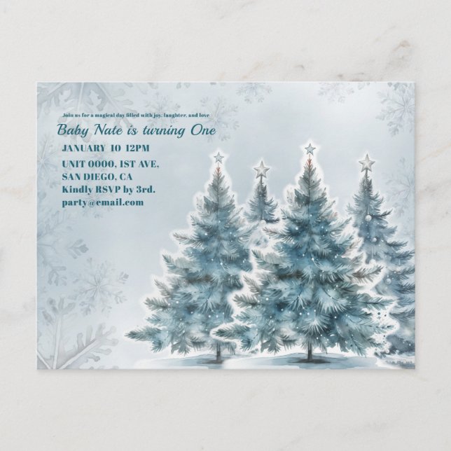 Baby Blue Winter Onederland Einladungskarte Ankündigungspostkarte (Vorderseite)