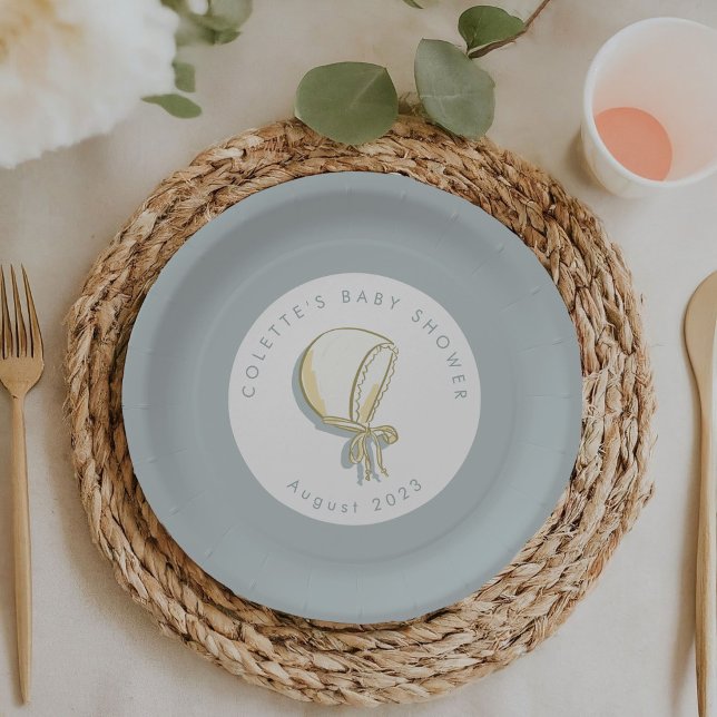 Baby Bonnet Baby Dusche Blue Pappteller (Mint blue baby bonnet baby shower personalized party paper plates.)