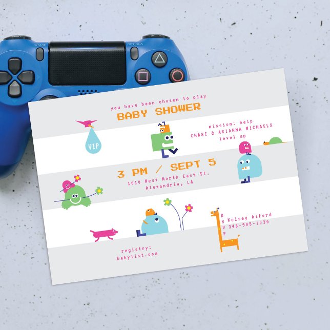 Baby Bots Gris Gris Striped Baby shower Invitation (Créateur téléchargé)