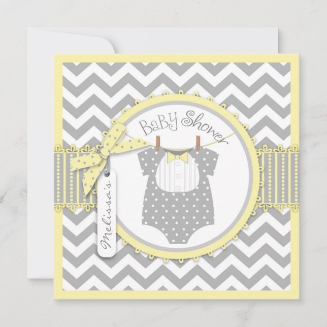 Baby Bow Krawatte Zickzack Print Baby Dusche Einladung (Vorderseite)