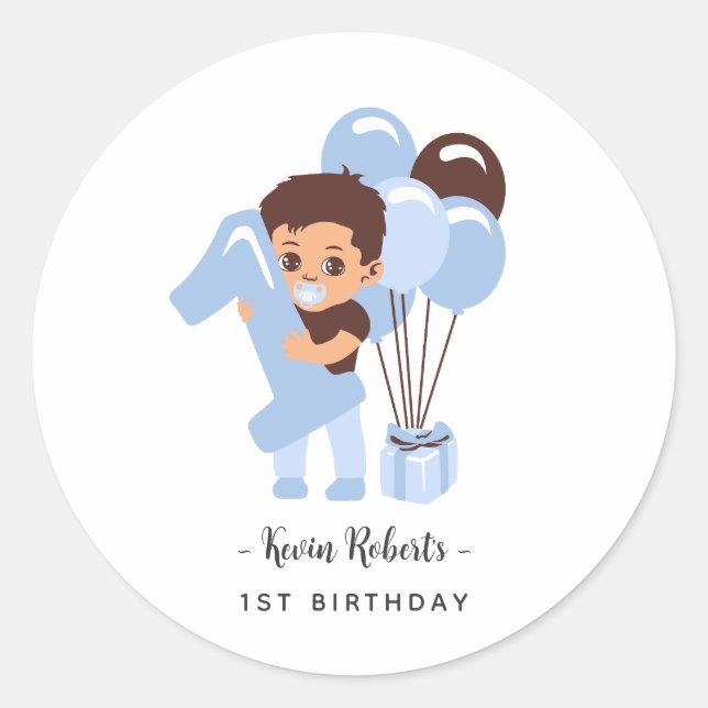 Baby Boy 1st Birthday Blue Balloon Runder Aufkleber (Vorderseite)