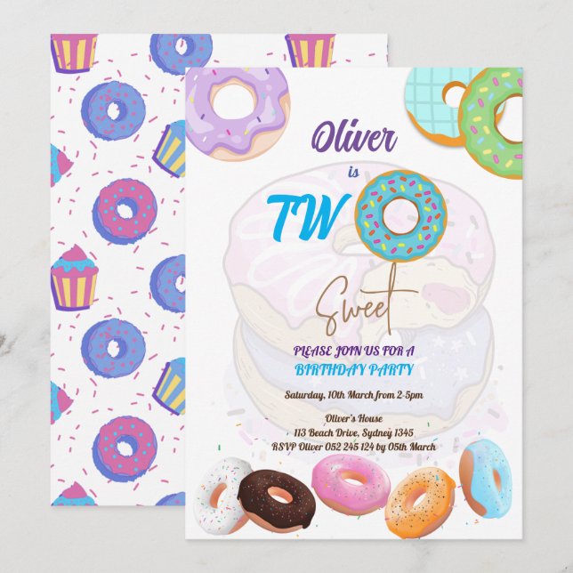 Baby boy 2e anniversaire Donut invitation (Devant / Derrière)