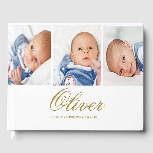 Baby Boy 3 Foto Collage Gold Elegante Gästebuch (Vorderseite)