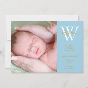 Baby Boy 4 Fotos Blue Monogram Gold Script Birth Ankündigung
