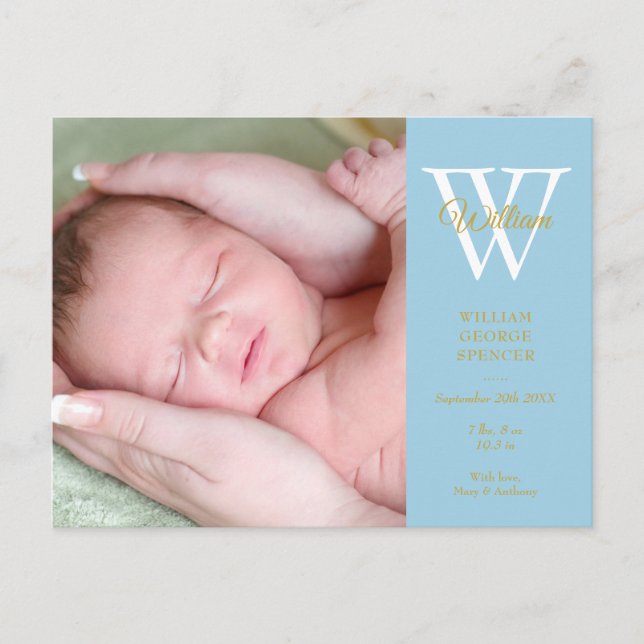 Baby Boy 4 Fotos Gold Script Monogram Blue Birth Ankündigungspostkarte (Vorderseite)