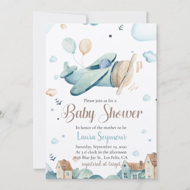 Baby Boy Airplane Babydusche Einladung - Vintag (Vorderseite)