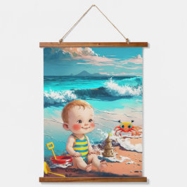 Baby Boy am Strand Wandteppich Mit Holzrahmen