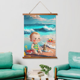Baby Boy am Strand Wandteppich Mit Holzrahmen