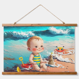 Baby Boy am Strand Wandteppich Mit Holzrahmen