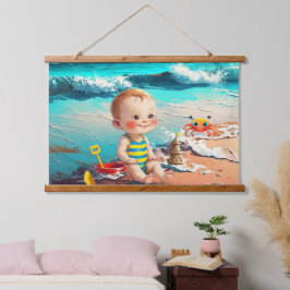 Baby Boy am Strand Wandteppich Mit Holzrahmen
