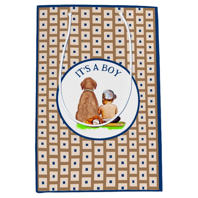 Baby Boy and Dog Baseball Themed Baby Dusche Mittlere Geschenktüte (Vorderseite)