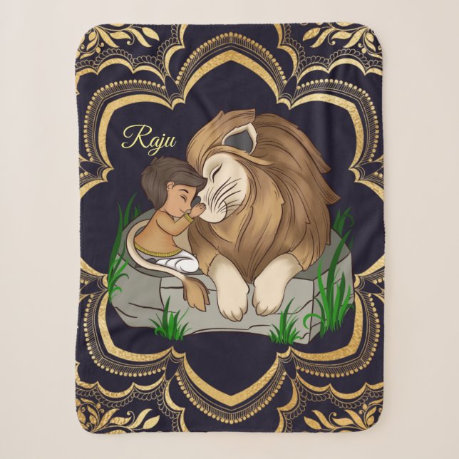 Baby boy and lion on a black mandala background sherpadecke (Vorderseite)