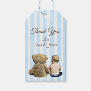 Baby Boy and Teddy Bear Blue Striping Danke Markie Geschenkanhänger