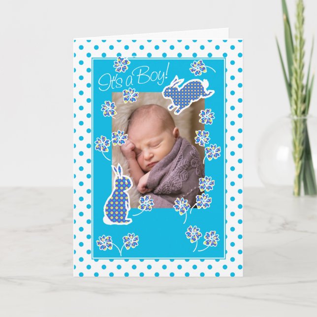 Baby Boy Ankündigung Foto-Karte Niedlich Bunny Rab (Vorderseite)