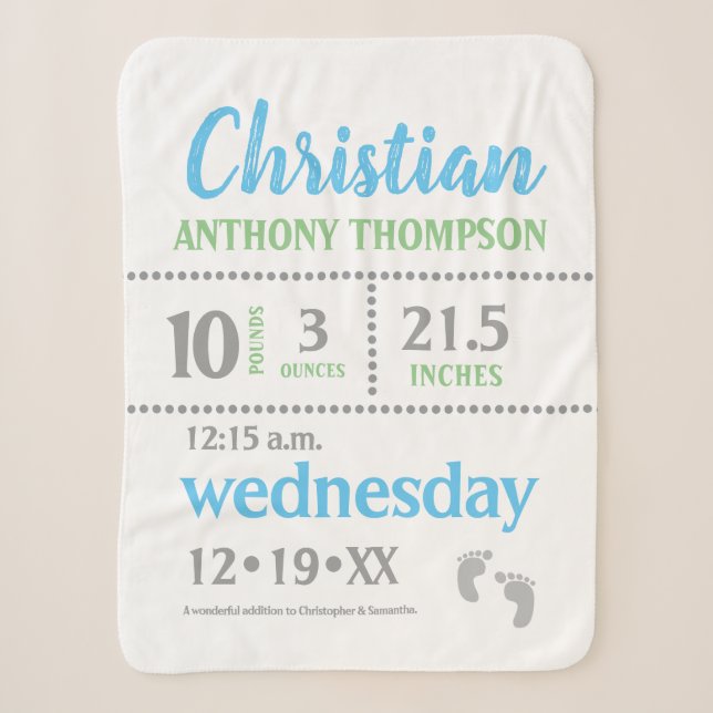 Baby Boy Announcement, blau, grün, grau, druckt Sherpadecke (Vorderseite)