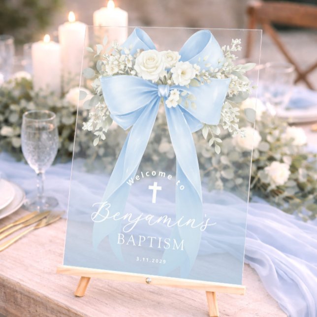 Baby Boy Baptism Elegant Blue Eucalyptus Bow Acrylschild (Von Creator hochgeladen)