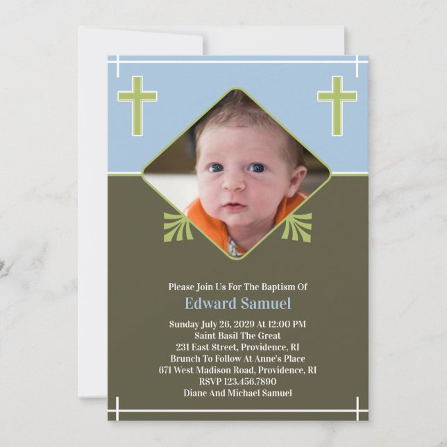 Baby Boy Baptism Photo Flat Invitation (Devant)
