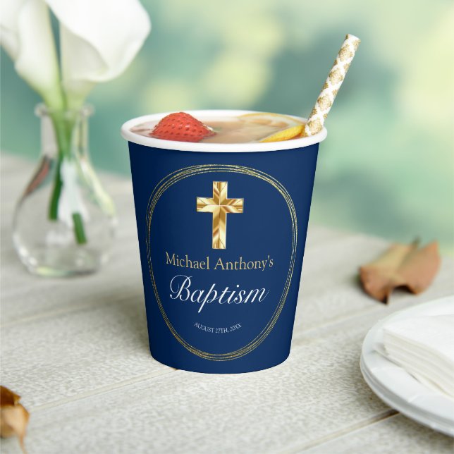 Baby Boy Baptisse Navy Blue Gold Cross Pappbecher (In Situ)