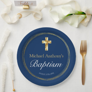 Baby Boy Baptisse Navy Blue Gold Cross Pappteller