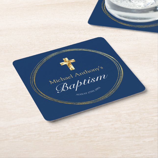 Baby Boy Baptisse Navy Blue Gold Cross Rechteckiger Pappuntersetzer (angewinkelt)