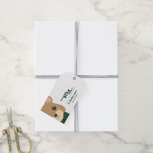 Baby Boy Bear Green & Gold Geschenkanhänger (Mit Garn)