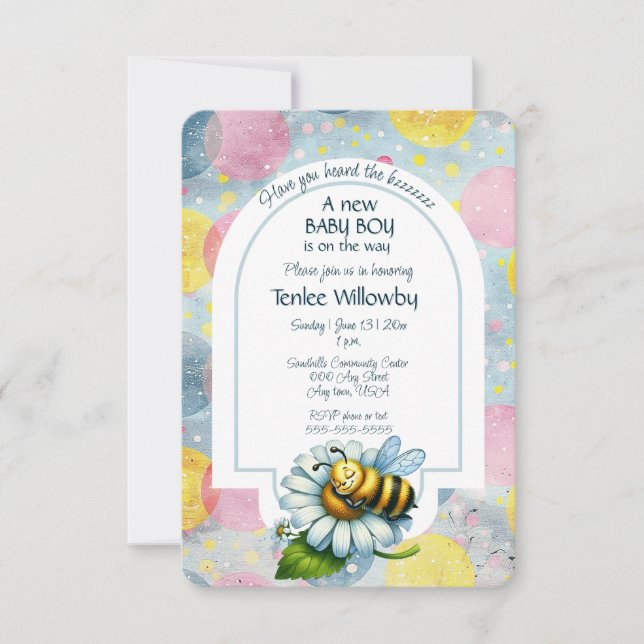 Baby Boy Bee In A Flower Shower  Einladung (Vorderseite)