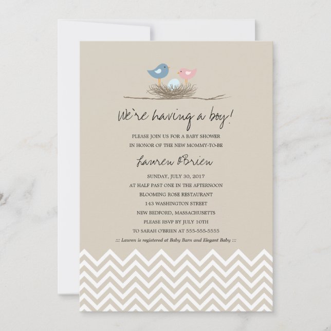 Baby Boy Bird's Nest Baby Shower Einladung (Vorderseite)