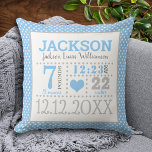 Baby Boy Birth Ankündigung Kissen<br><div class="desc">Niedliches,  blaues und weißes Polka Dot Babygeburtskissen mit einem süßen kleinen,  blauen Herz. Editieren Sie,  um alle Ihre wertvollen Freudengeburtsdetails einzufügen.</div>