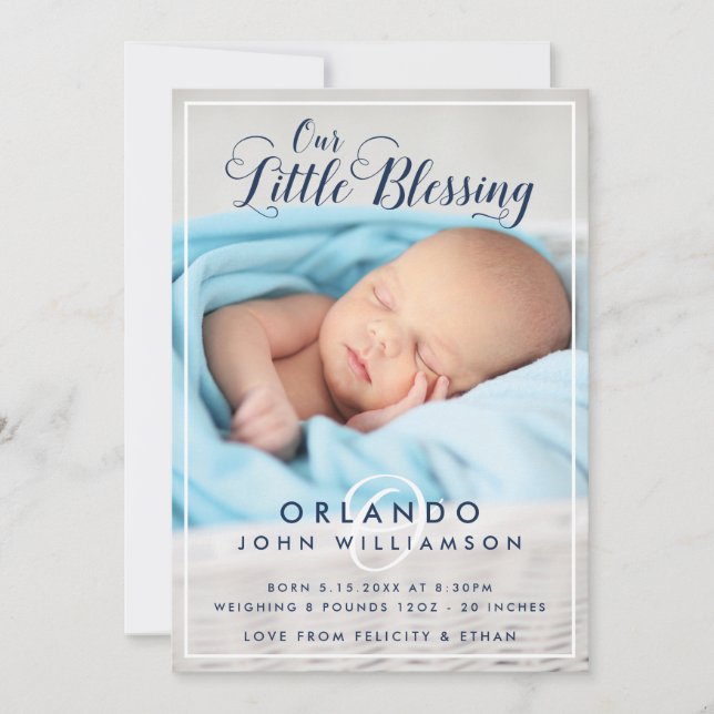 Baby Boy Birth Ankündigung | Moderne blaue Streife (Vorderseite)