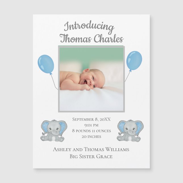 Baby Boy Birth Announcement Blue Elephants Ballon Magnetkarte (Vorderseite)