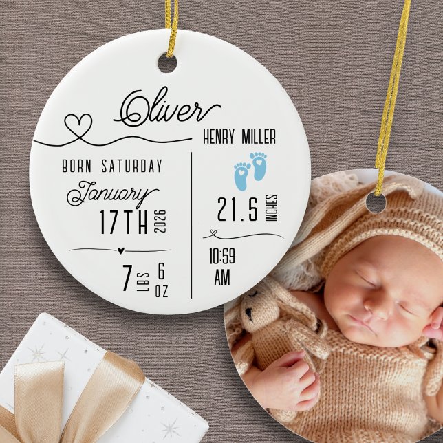 Baby Boy Birth Announcement Photo Name Stats Keramik Ornament (Personalized Baby Boy Custom Ornament Birth Announcement Name Stats Photo Baby's First Christmas)