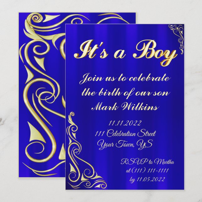 Baby Boy Birth Celebration Gold und Blau Einladung (Vorne/Hinten)